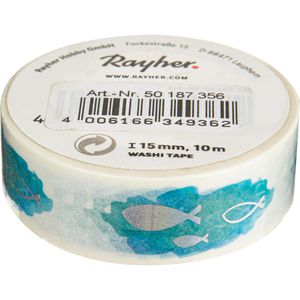 Rayher Washi-Tape 50187356, Fisch, hellblau, 15 mm x 10 m, wiederablösbar