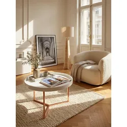 Couchtisch Metall Rund, Retro Design, Modern mit Holzplatte, Weiß 58x58x42 cm