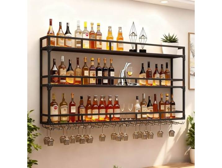 RAJYQODIS Weinregal Wand mit Glashalter, 3 Ebenen Weinpareite Display Rack, Weinflasche Glashalter Wandmontage für Esszimmer Home Bar Küche dekorative (Schwarz, 150cm)