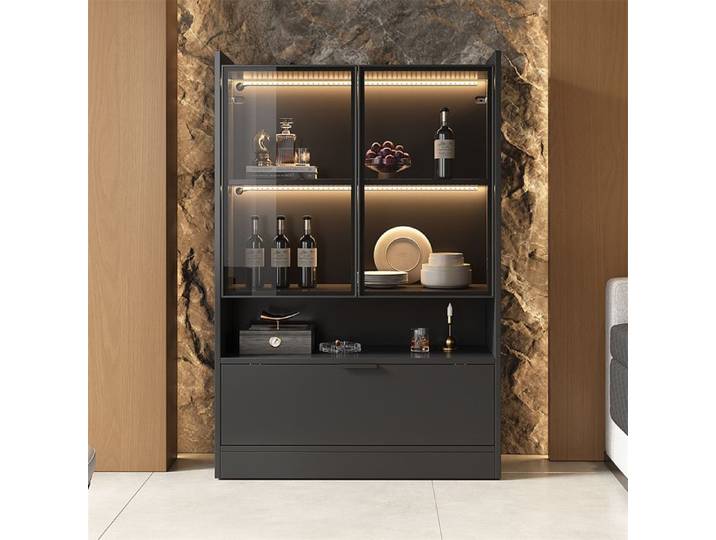 DRIPEX Vitrine moderne avec éclairage LED Vitrine avec portes vitrées et porte abattante pour salon 35×80×120 cm Noir