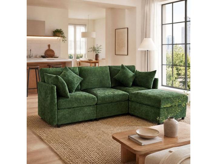 ELVORIN Canape d angle modulable 216 x 161 x 81 cm tissu chenille pouf mobile et 4 coussins vert