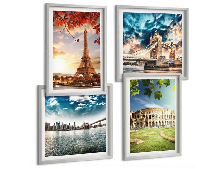 BILDER SET 4er Set - 50x50 cm & 40x60 cm Silberner Rahmen - Denkmäler Europas in warmen Farben
