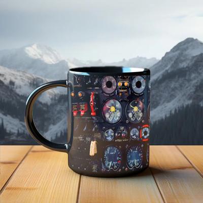 Inspired Finds Spaceship Combat Aircraft Instrument Panel Black Ceramic Coffee Mug For Dads And Aviation Fans cyrillic Vintage