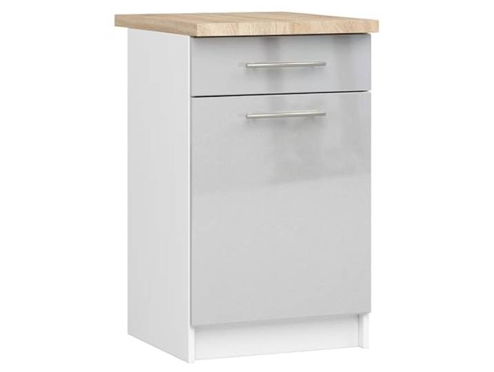 AKORD Küchenschrank mit Arbeitsplatte - Oliwia S50 Küchenunterschrank mit Tür, Schublade und 2 Einlegeböden Unterschrank Küche 50 cm Breit ABS-Kante 18 mm 46x50x85 cm Weiß & Metallic-Glanz