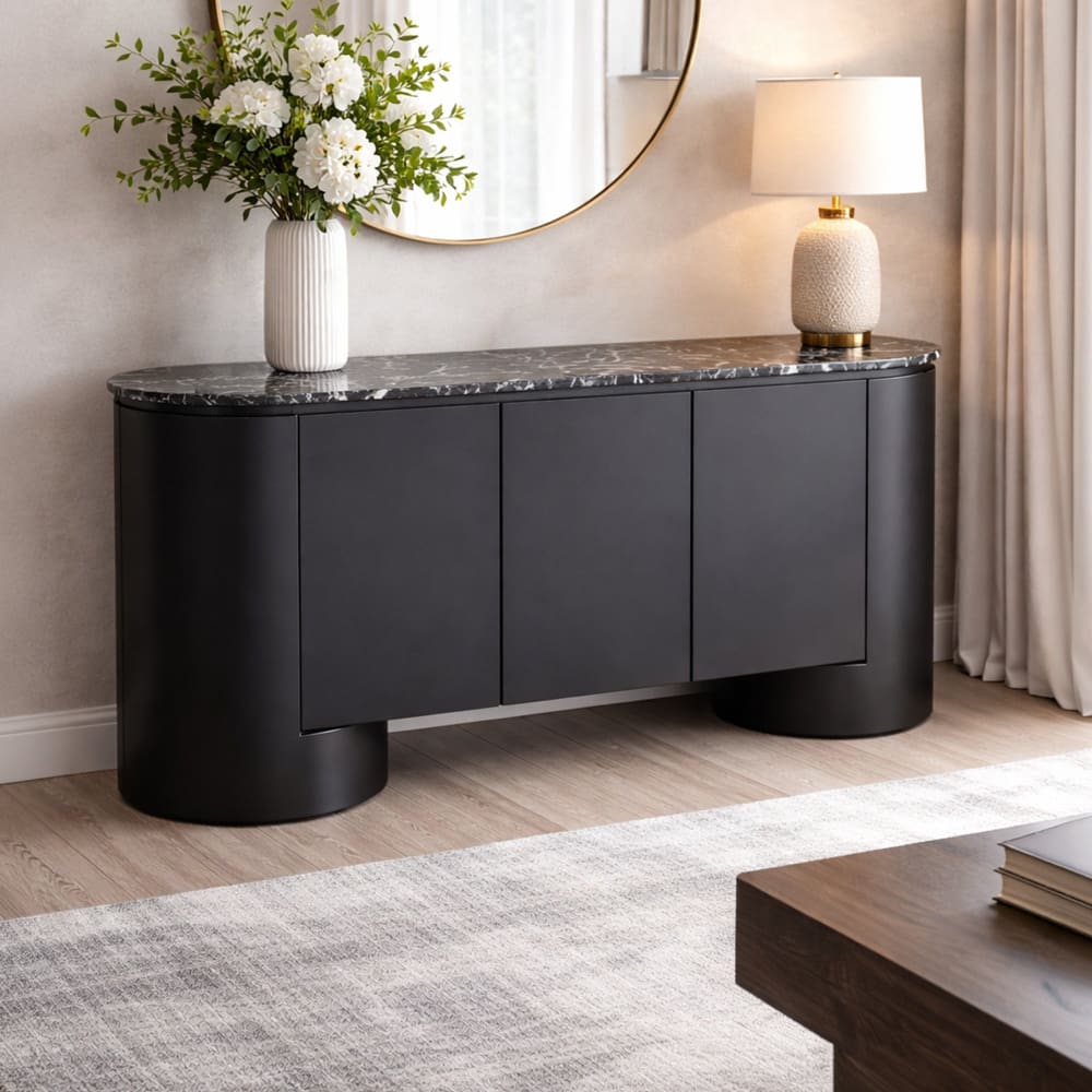MOBILIER DECO  Buffet 3 portes plateau en marbre d'ingénierie noir et blanc Noir 163x76x46cm