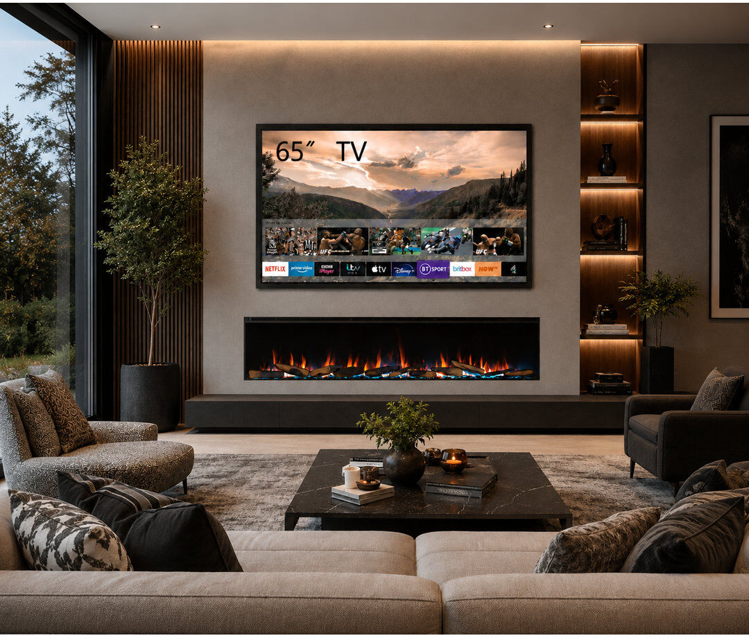 FLAMME 3 Sided Media Wall Electric Fire, Knighton Black Black 49.5 cm H x 180 cm W x 21 cm D