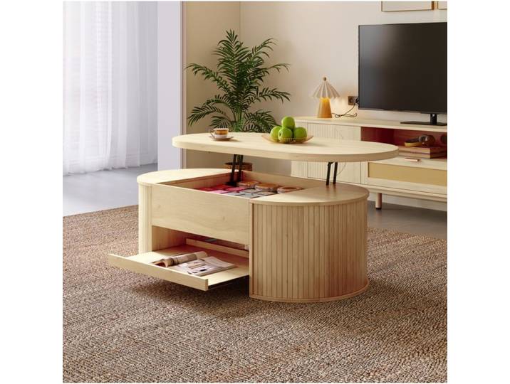 Table basse 110x55 5 cm EVRYAE - plateau relevable rangement intégré et tablette coulissante - Naturel