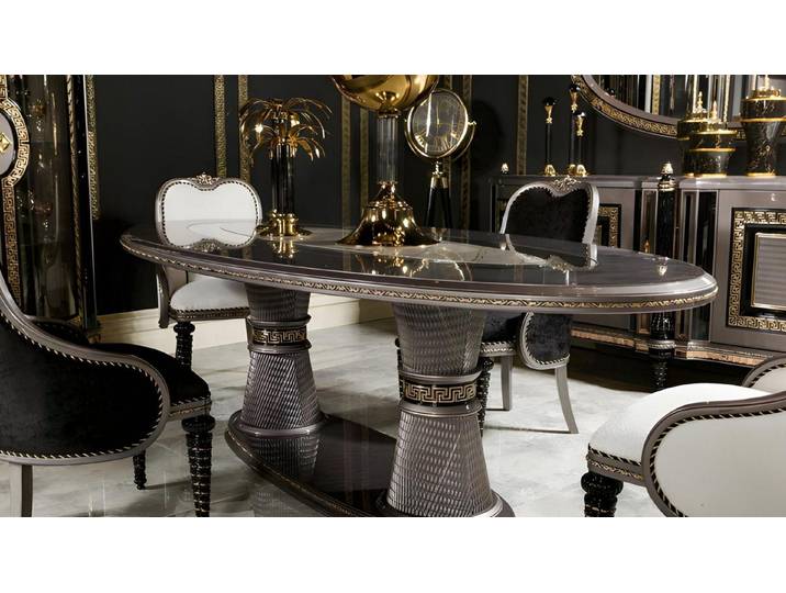 Xlmoebel Essgruppe Esstisch-Set aus Holz mit silbernem Finish und eleganten Stühlen, (Essgruppe, 8-tlg., Esstisch-Set mit 4 Stühlen), Made in Europa