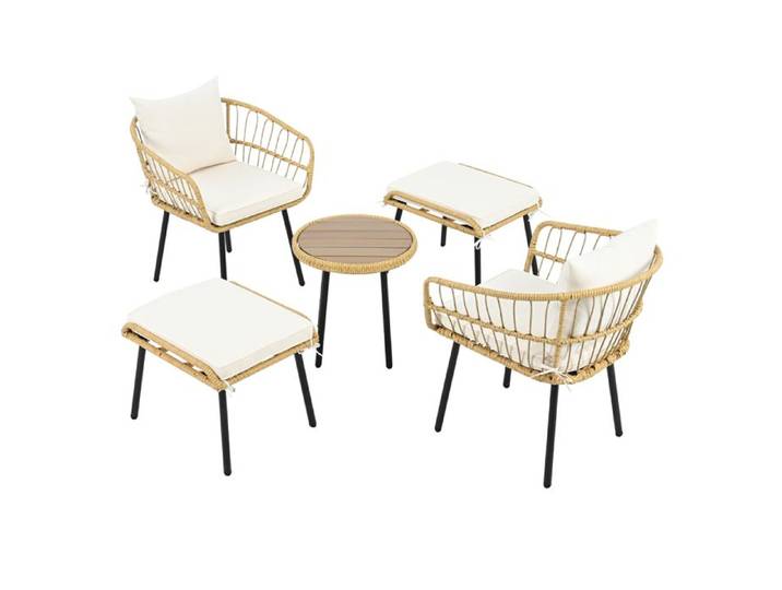 Salon de jardin 5 pièces en rotin naturel avec table repas 2 chaises et 2 poufs mobilier extérieur pour terrasse et jardin