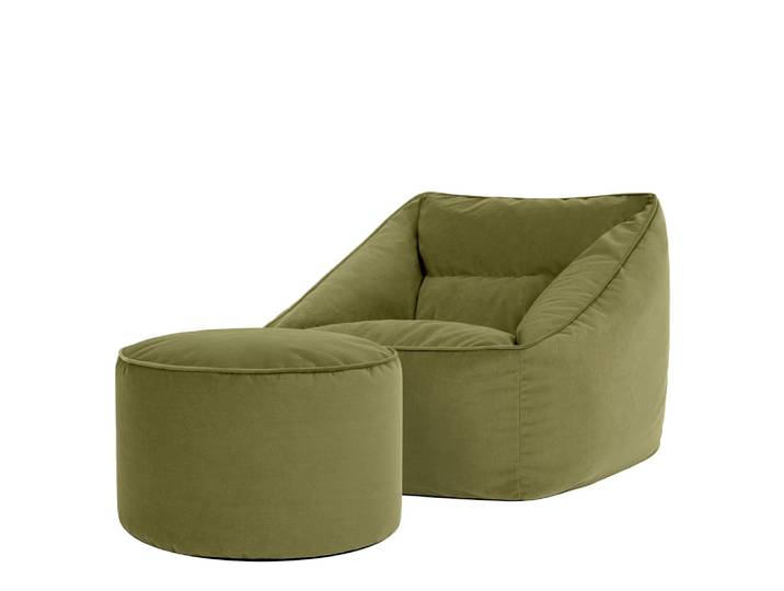 Pouf fauteuil avec repose-pied rond velours vert olive
