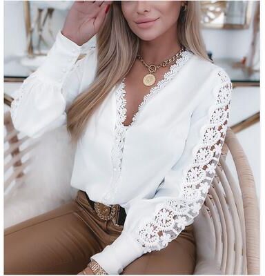 Lush Living Finds Elegant Lace Patchwork V Neck Floral Blouse For Women white xl