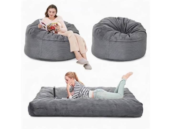 IDEALHOUSE 2-in-1 Sitzsack-Bett, Sitzsack-Sessel 190*135cm,Schaumstoff Sofa Sitzsack-Sofa mit Bettfunktion, Memory/Hochdichtschaum-Füllung, Cordbezug abnehmbar&maschinenwaschbar, Grau3