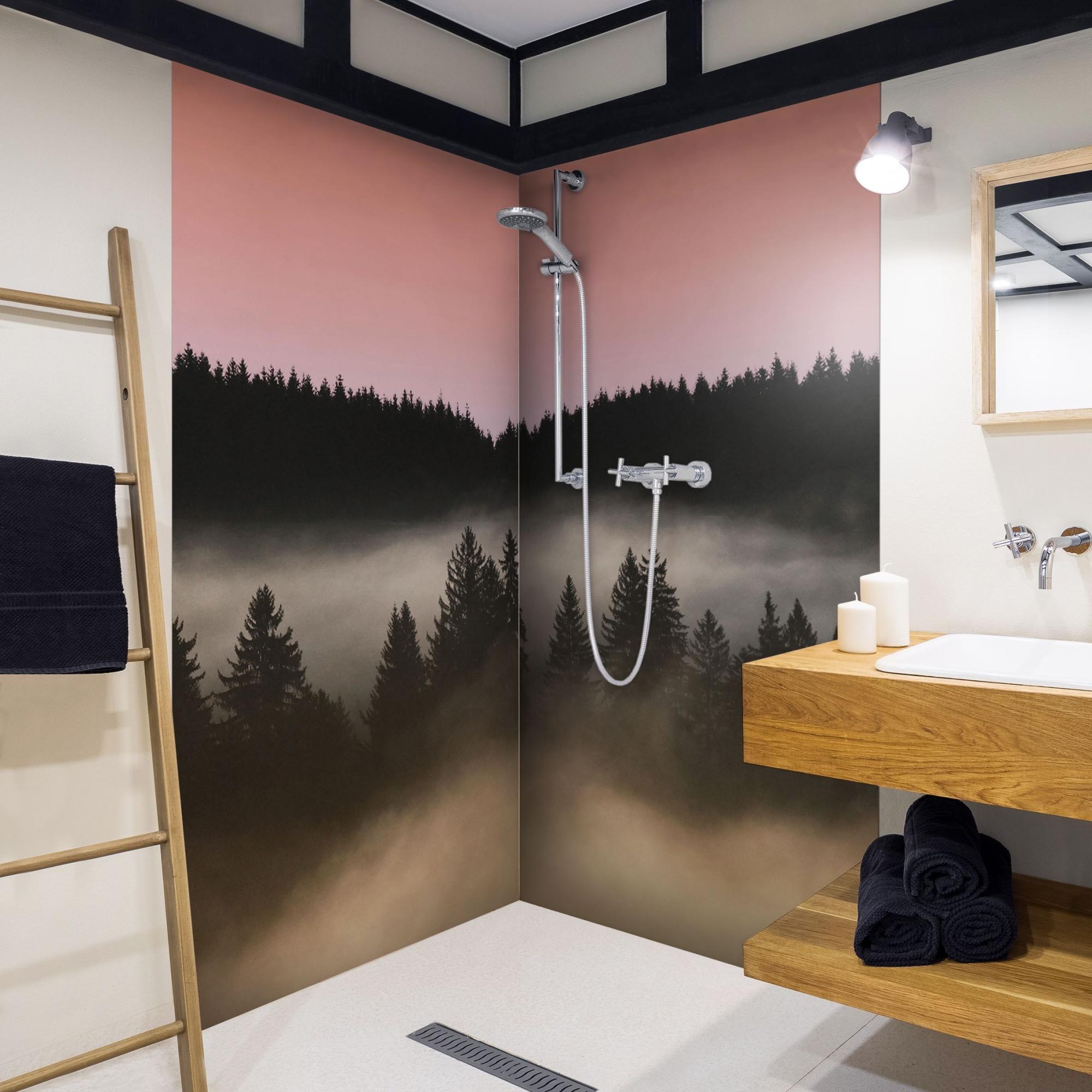 Duschrückwand Wald selbstklebend - 0.61 mm Wandpaneel wasserfest Wald schwarz Motiv Badrückwand fugenlos Premium matt 100x200 cm