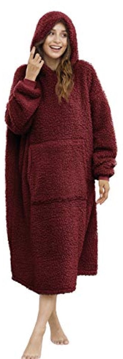 Unisex oversized draagbare deken hoodie van Sherpa fleece in wijnrood