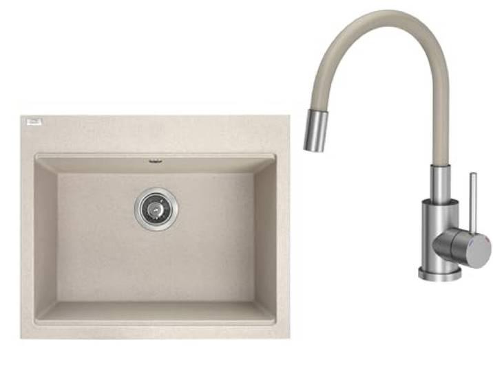 VBChome Spülbecken mit Armatur 60 x 50 cm Beige Einzelbecken Granit Rechteckig Einbauspüle Gesprenkelt Großes Tiefes Becken Siphon Spüle Beige mit Armatur Beige