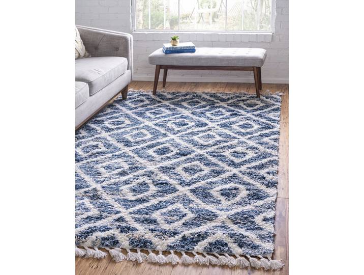 Hochflor-Teppich Top Shag, LAGERRÄUMUNG , blau (blau, elfenbeinfarben), B:66cm H:32mm L:91cm, Polypropylen (PP), MYFLAIR MÖBEL & ACCESSOIRES, Teppiche, Hochflor-Teppich, gewebt, Rauten Design, melierte Optik, weich & kuschelig, mit Fransen
