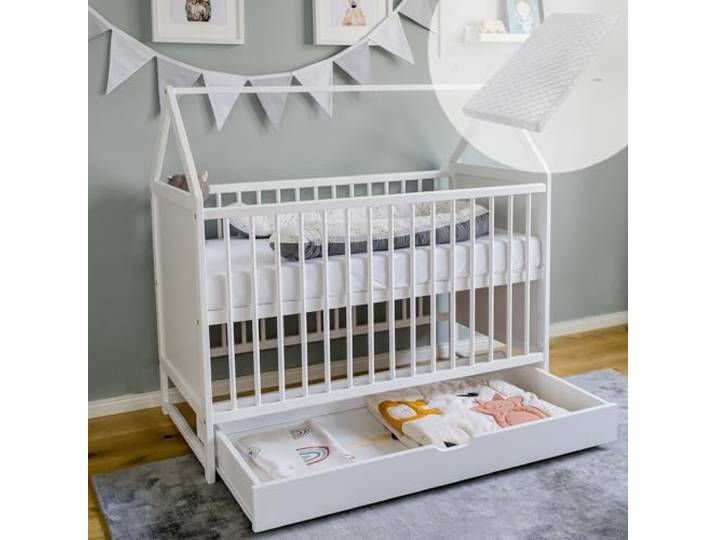 Kids Collective Babybett Beistellbett Kinderbett 60x120 cm mit Schublade & Matratze Hausbett Baby Bett 120x60 cm weiß mit Schublade, höhenverstellbar und umbaubar von Geburt bis 3. Lebensjahr