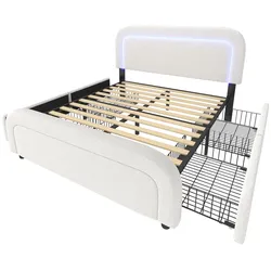 STILVORA Bettgestell Sherpa Weiß 160x200 cm mit USB-C, LED, 4 Schubladen