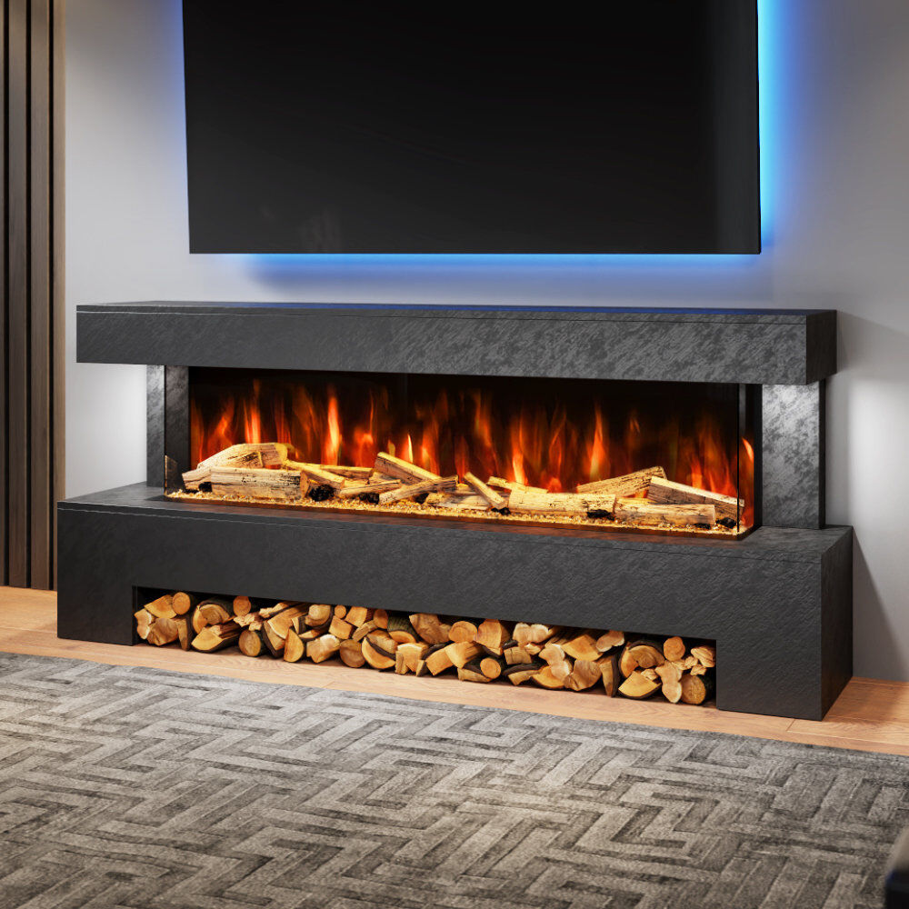 Evolution Fires Angelo Freestanding Electric Fireplace Suite   1500mm 3-Sided LED Fire with Black Stone Effect   Ideal for Feature Walls Black 83cm H X 195cm W X 41cm D