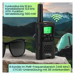 Casativo 2er-Set Akku-PMR-Funkgerät mit VOX & Taschenlampe, 10km Reichweite (10 km), Walkie Talkie, Schwarz