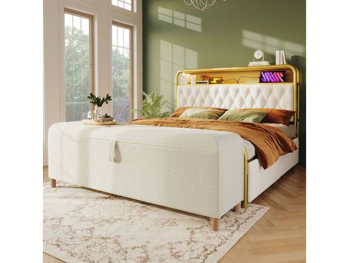 Banc de lit avec rangement 145 x 38 cm banc capitonné coffre hydraulique beige cordonnet
