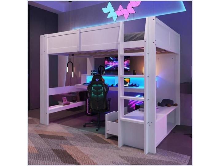 Hochbett Gaming 140x200cm - Avec Bureau LED 16 Couleurs Schublade & Régales - Blanc