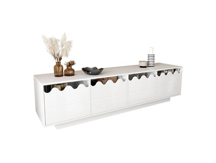 Meuble TV - Design ondulé - Blanc - 170x40x45 cm - 4 portes - MDF et panneau de particules