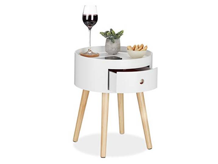 Relaxdays Table d’appoint Ronde\, tiroir\, Pieds en Bois\, Design scandinave\, Minimaliste\, HxD 46 x 38 cm Blanc/Nature
