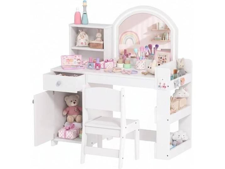 Coiffeuse pour Enfants Tabouret Miroir LED 3 à 8 Ans Blanc Coiffeuse Bureau Fille en Bois Tiroir Placard 2 Compartiments