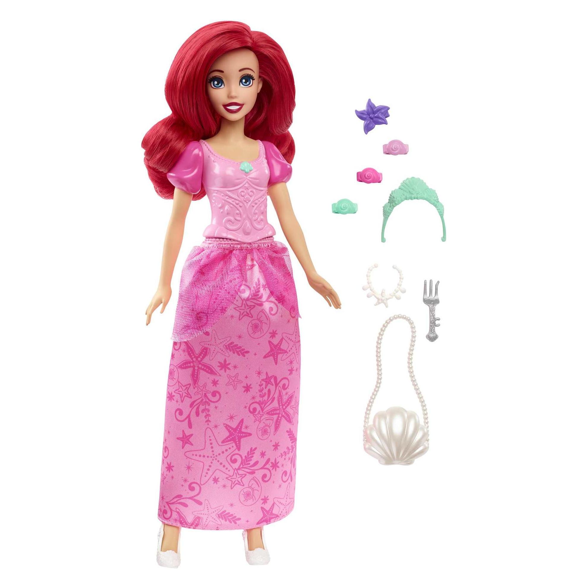 Disney Princess Disney Prinzessin-Ankleidespass Arielle-Modepuppe mit charakteristischem Kleid und 9 Accessoires (HLX34)