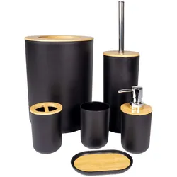 Intirilife Badezimmer Zubehör Set aus Bambus Kunststoff in Schwarz - 6 teiliges Set Zahnputzbecher Seifenschale Seifenspender Toilettenbürste Halterung Mülleimer