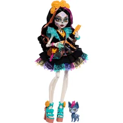 Monster High Skelita Calaveras-Modepuppe in Rüschenkleid mit Haustier Candelita und 7 Zubehörteilen