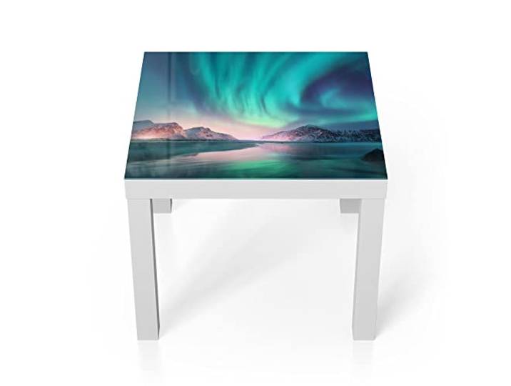 DEQORI Glastisch weiß klein 55x55 cm Motiv Das Nordlicht der Lofoten ausgefallener Beistelltisch aus Glas Hochglanz Couchtisch fürs Wohnzimmer moderner Couch Tisch mit Design