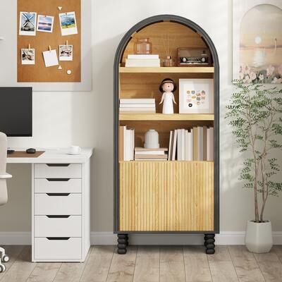 EROMMY 5-Tier Grooved Arched Bookcase with Doors & Shelves, Modern Storage Cabinet for Living Room - Sturdy Bookshelf