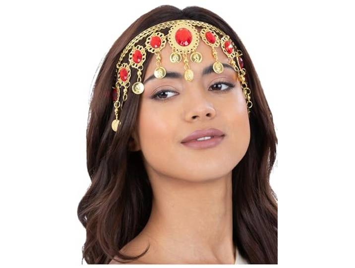 Smiffys Hoofdtooi van Griekse gouden en robijnrode edelstenen, hoofddeksel van de oude godin met rode juwelen en hangende munten, Romeinse, Griekse of Egyptische stijl, hoofdsieraad voor verkleden