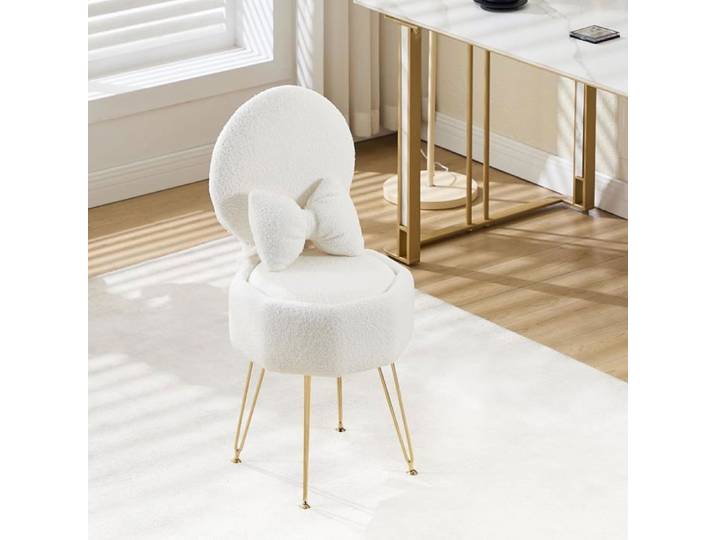 Tabouret coiffeuse avec rangement & dossier pliable – Assise rembourrée housse sherpa coussin nœud pieds métal antidérapants