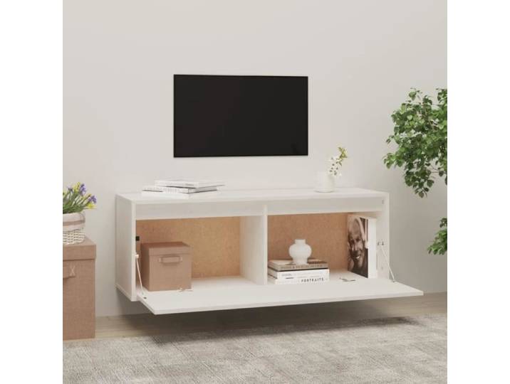 Armoire murale - AKOZON - 100x30x35 cm - Bois de pin massif - Blanc - Meuble de séjour