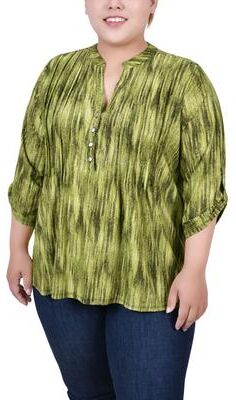 NY COLLECTION 3/4 Sleeve Roll Tab Y Neck Top