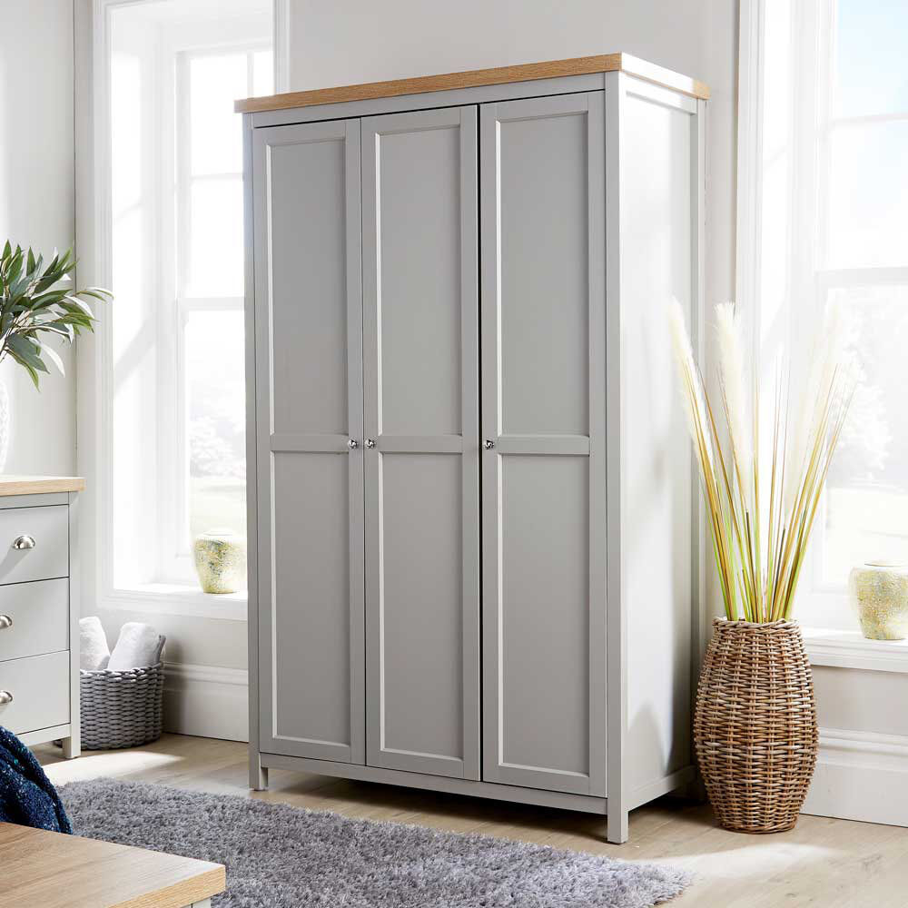 Fernleaf Johnny 3 Door Wardrobe with Hanging Rail and Storage Shelves Light Grey 180cm H X 112cm W X 50cm D