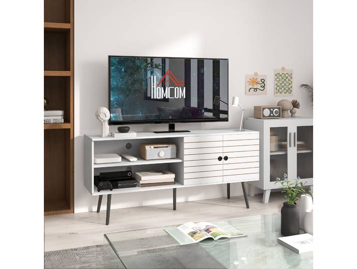 HOMCOM Meuble TV 65 Blanc avec Compartiments et Étagère Ajustable