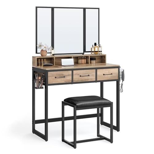 VASAGLE make-uptafel met gevoerde kruk en 3 lades