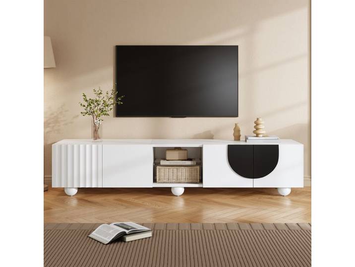 Meuble TV Bas - Blanc - 180 cm - Ouverture Push-to-Open -Niche Centrale - Meuble Télévision Moderne