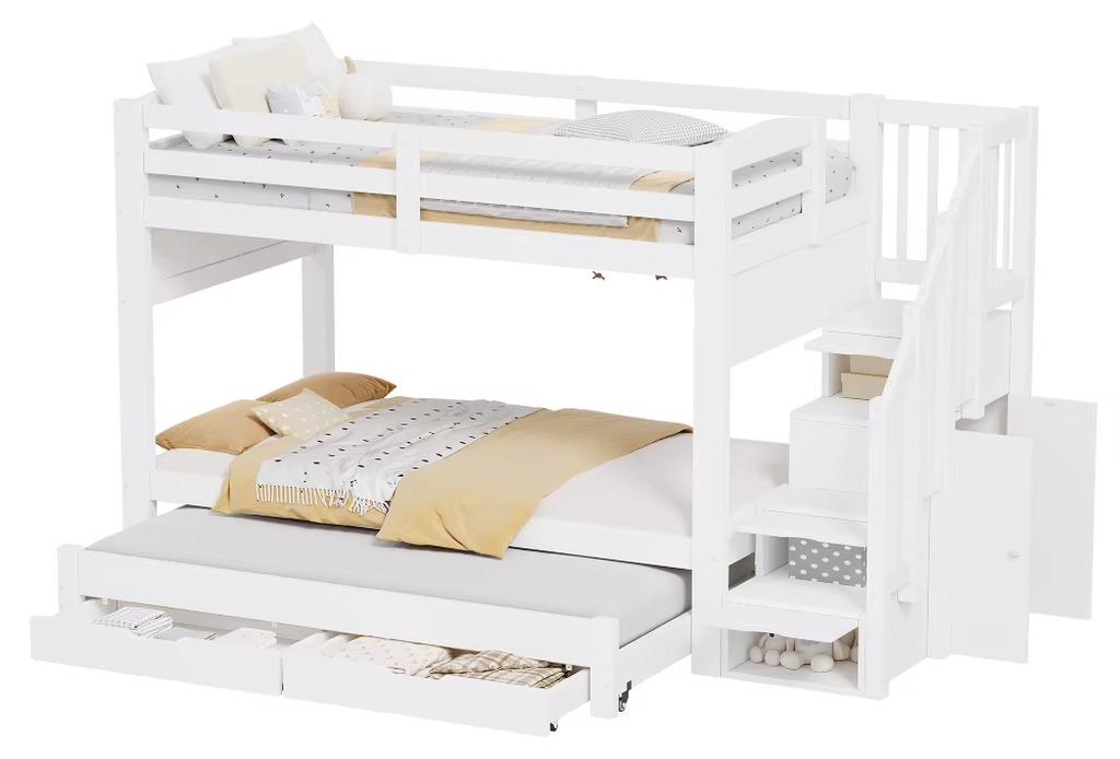 Etagenbett mit Ausziehbett - Für 90x200-cm-Matratze - Stauraumtreppe - Einbauschrank - 2 Schubladen unter dem Bett - Weiß