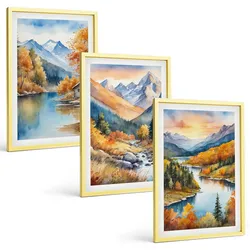 BILDER SET 3er Set - 40x60 cm Goldrahmen - Berglandschaft, Fluss, Herbst