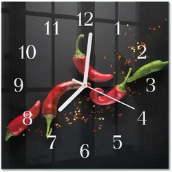 WANDUHR aus Glas 30x30 cm - Chilischoten