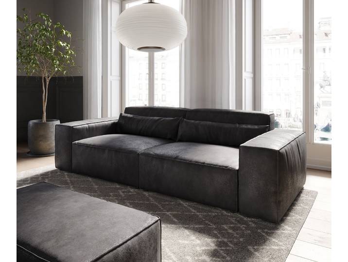 Big-Sofa Sirpio 230x95 cm Lederimitat Vintage Anthrazit mit Hocker, Big Sofas