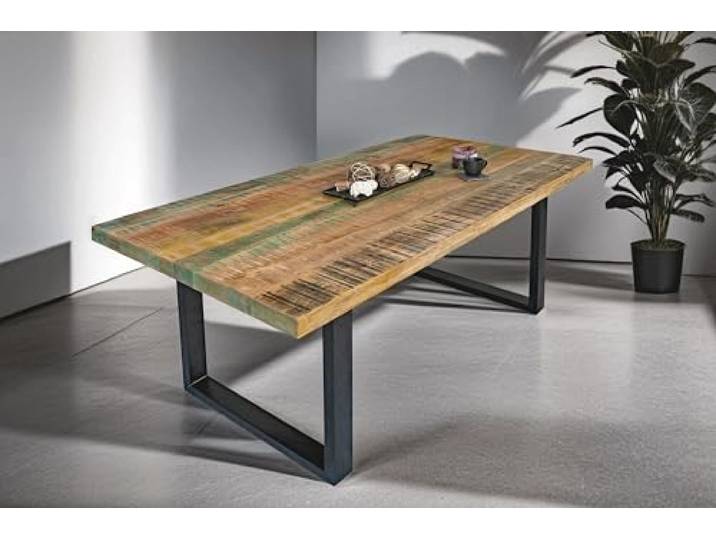 SAM Esstisch Libro 160x85 cm Mangoholz bunt gerade Kante U-Gestell schwarz Esszimmertisch massiv, lackiert, Metallgestell, Shabby Chic