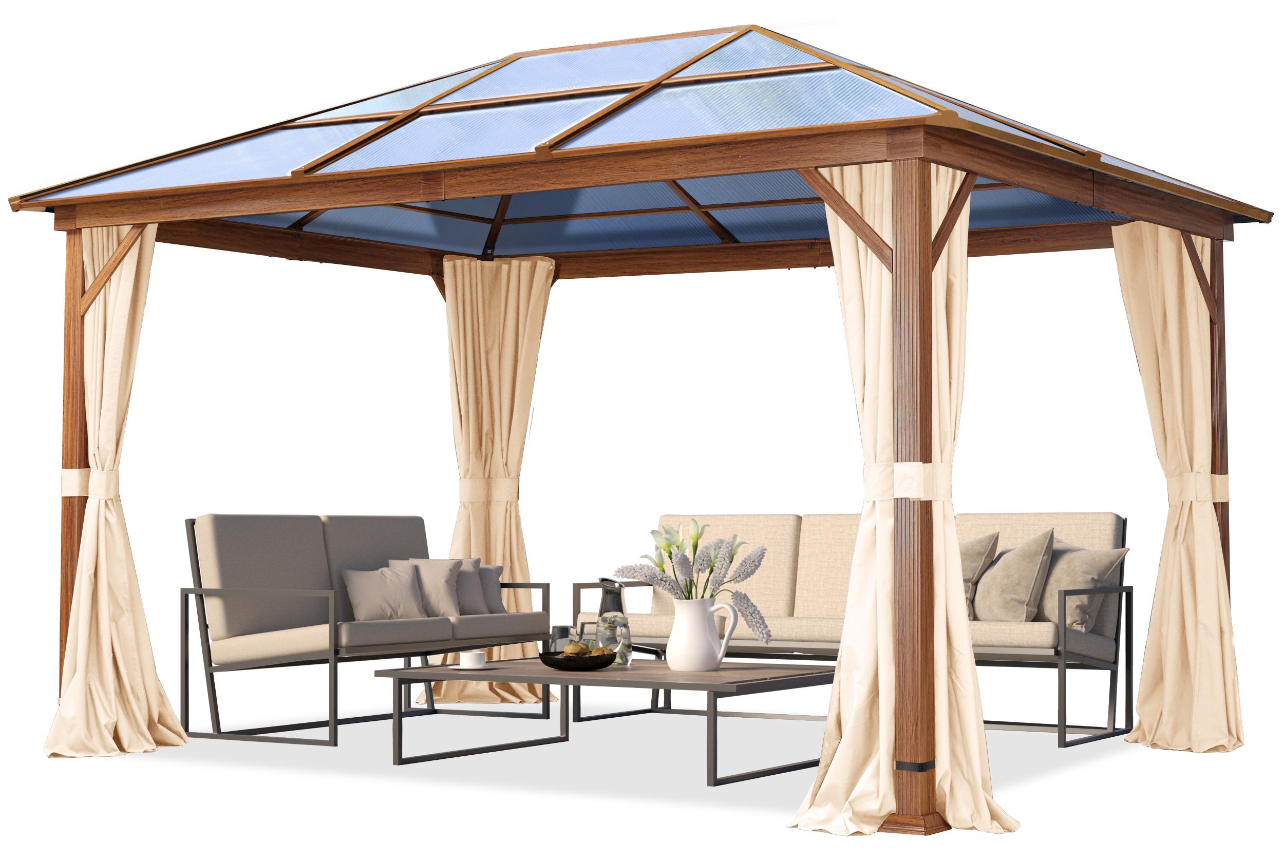 Gartenpavillon 3x4 m Holzoptik, ca 8 mm Polycarbonat-Dach, 4 Seitenteile in champagner