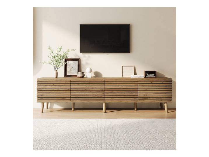 Fine Life Pro TV-Schrank TV-Lowboard Holzfarbe mit 4 Türen, Zaun-Design & Kabeldurchführung. Für 75-Zoll-Fernseher, 180x40x46 cm – stilvoll mit großem Stauraum.