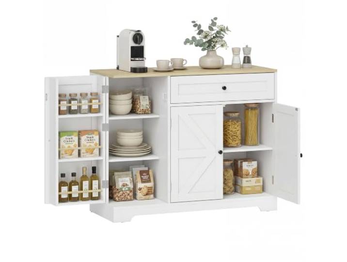 HOMCOM Sideboard Küchenschrank mit Schublade 3 Türen 100 x 40 x 81 cm Weiß Buffetschrank, Verstellbare Ablagen, Arbeitsplatte, Gewürzhalter, Aufbewahrungsschrank für Wohnzimmer und Esszimmer